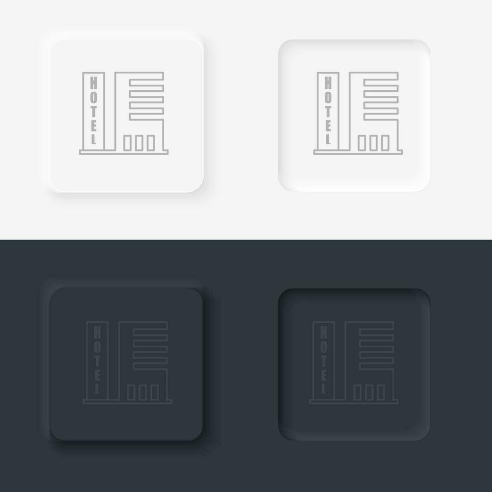 Building hotel outline icon. Neumorphic style button vector iconon black and white background set