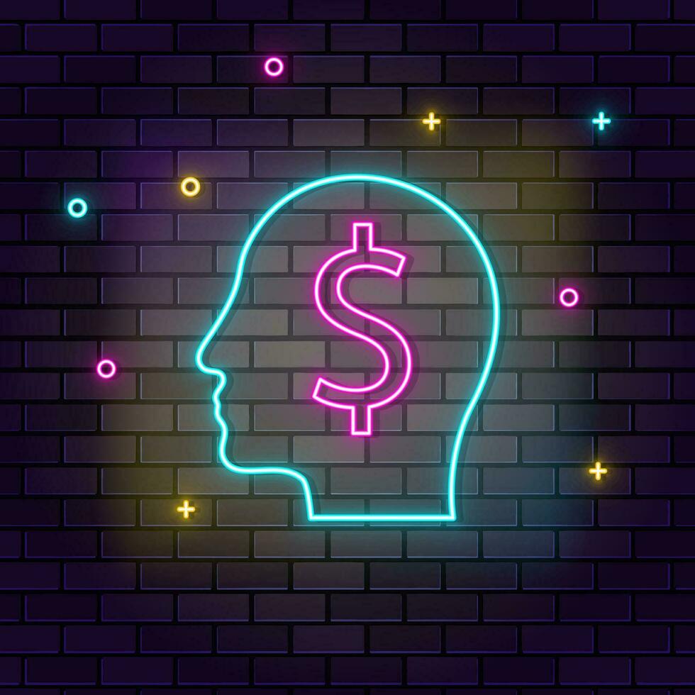 humano mente, finanzas, dinero, multicolor neón icono en oscuro ladrillo pared. vector