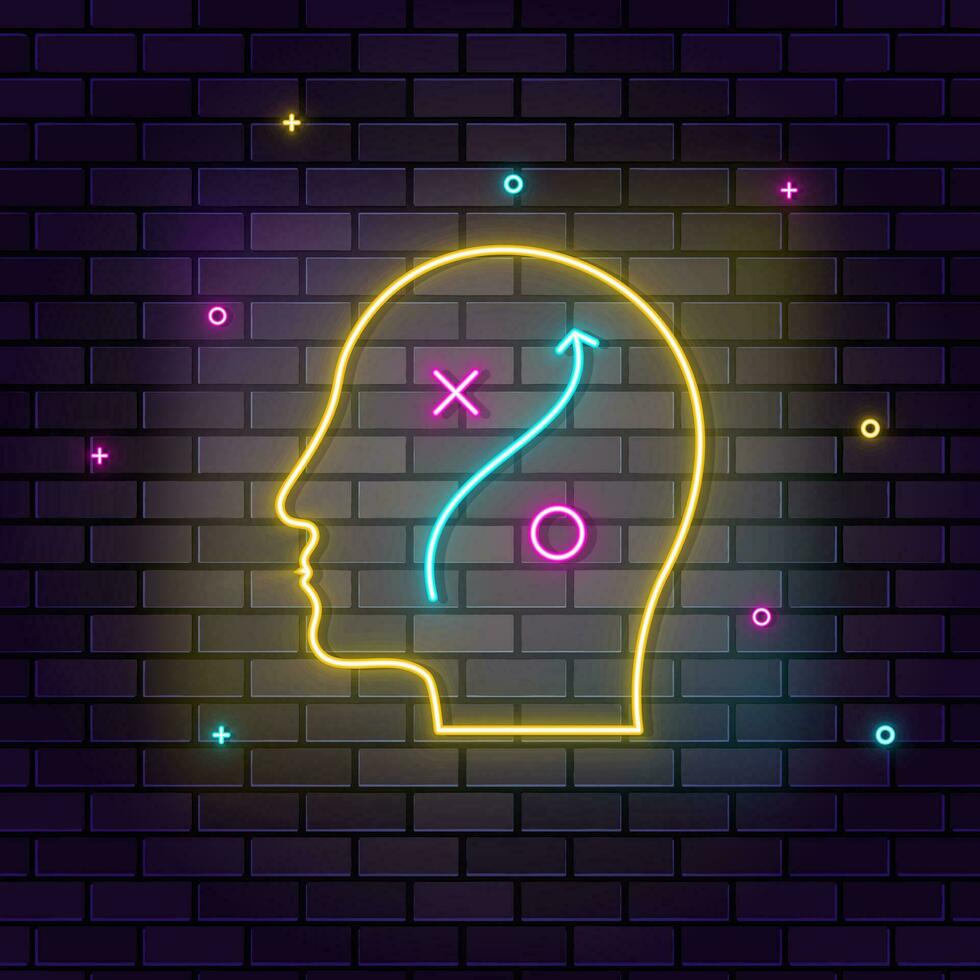 Human mind, head, planing, multicolor neon icon on dark brick wall. vector