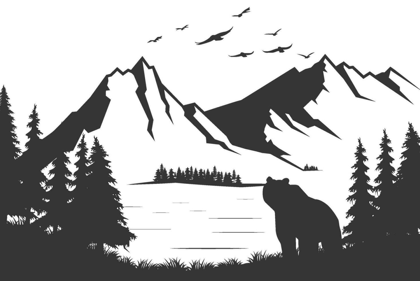 Vector illustration of silhouette nature landscape with pine trees, hills, mountains, lake, sky and birds.
