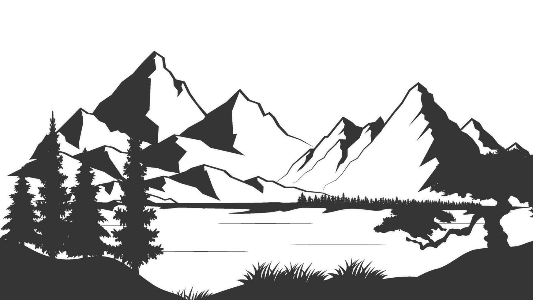 Black and white mountain with pine trees and lake. Mountain silhouette with pine trees and lake. vector