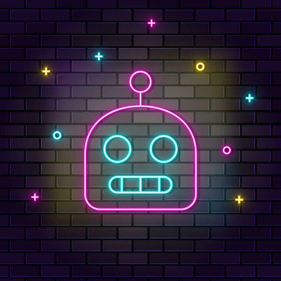 Robot icon , neon on wall. Dark background brick wall neon icon. vector