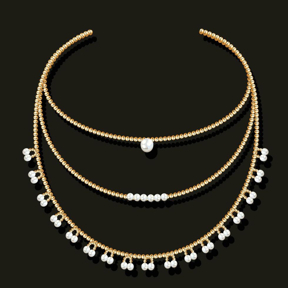 beautiful Gold chain with white pearls. vector