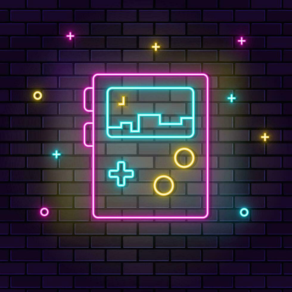 Portable console gaming retro neon on wall. Dark background brick wall neon icon. vector