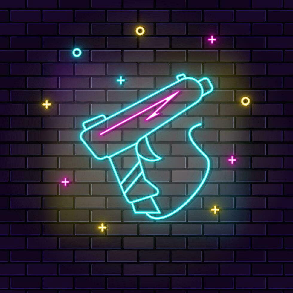 Gun shoot game retro arcade neon on wall. Dark background brick wall neon icon. vector
