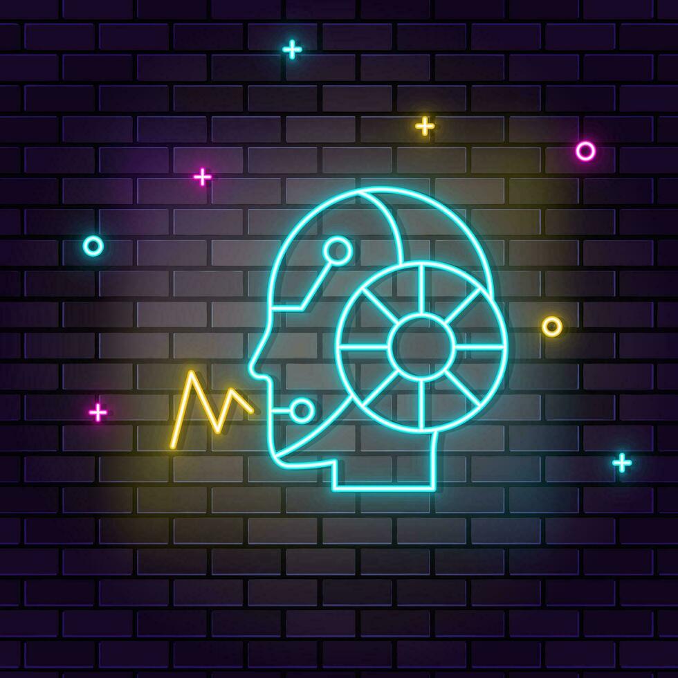 Communication, digital, robot, speak icon , neon on wall. Dark background brick wall neon icon. vector