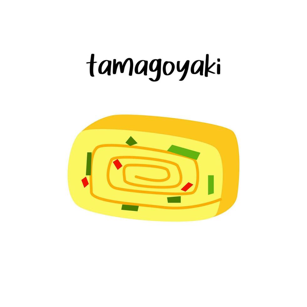 tamagoyaki, japonés arrollado tortilla. japonés desayuno huevo rodar tortilla receta. asiático desayuno comidas menú. plano vector ilustración aislado en blanco antecedentes.