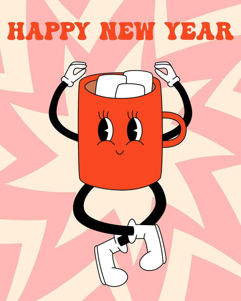 Groovy hippie Christmas. Mug with cocoa and marshmallow in trendy retro cartoon style. Merry Christmas and Happy New year greeting card, poster, print, party invitation, background. vector