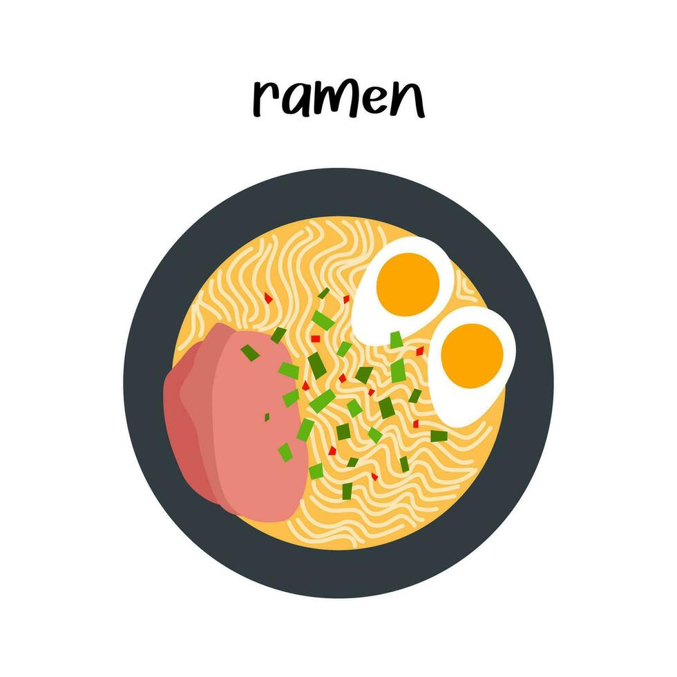 Tonkotsu ramen soup bowl with noodles, sliced chashu marinated braised pork, boiled eggs halves. Traditional Chinese and Japanese dish. Flat vector isolated illustration.