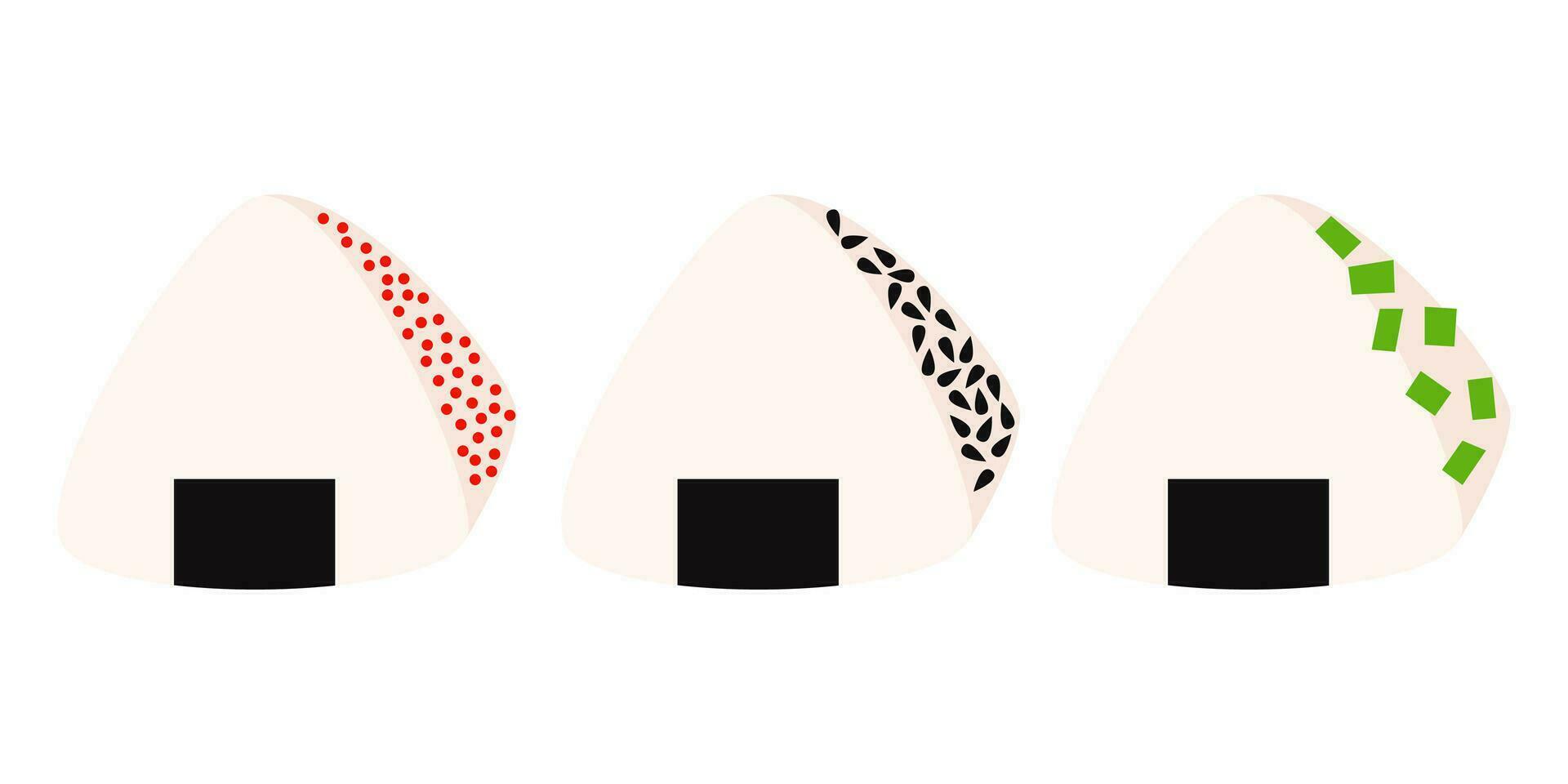 Set onigiri with sesame, caviar, green onion. Kawaii onigiri. Japanese traditional cuisine dishes. Vector cartoon flat illustration.