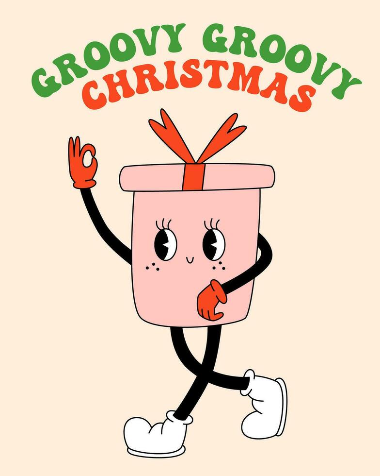 Groovy hippie Christmas. Gift box in trendy retro cartoon style. Merry Christmas and Happy New year greeting card, poster, print, party invitation, background. Vector cartoon illustration.