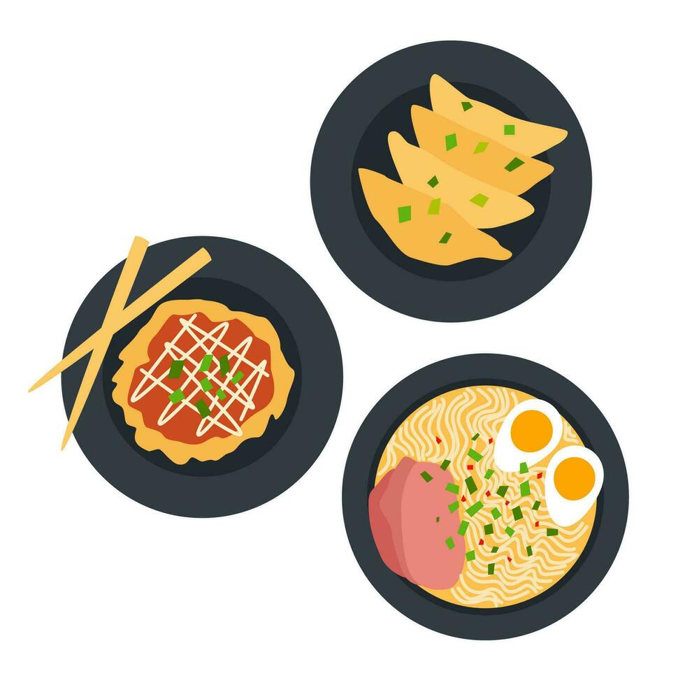 Japanese traditional food. Gyoza, ramen, okonomiyaki on black plate. Asian food in flat detailed style. Vector isolated hand drawn illustration on white background.
