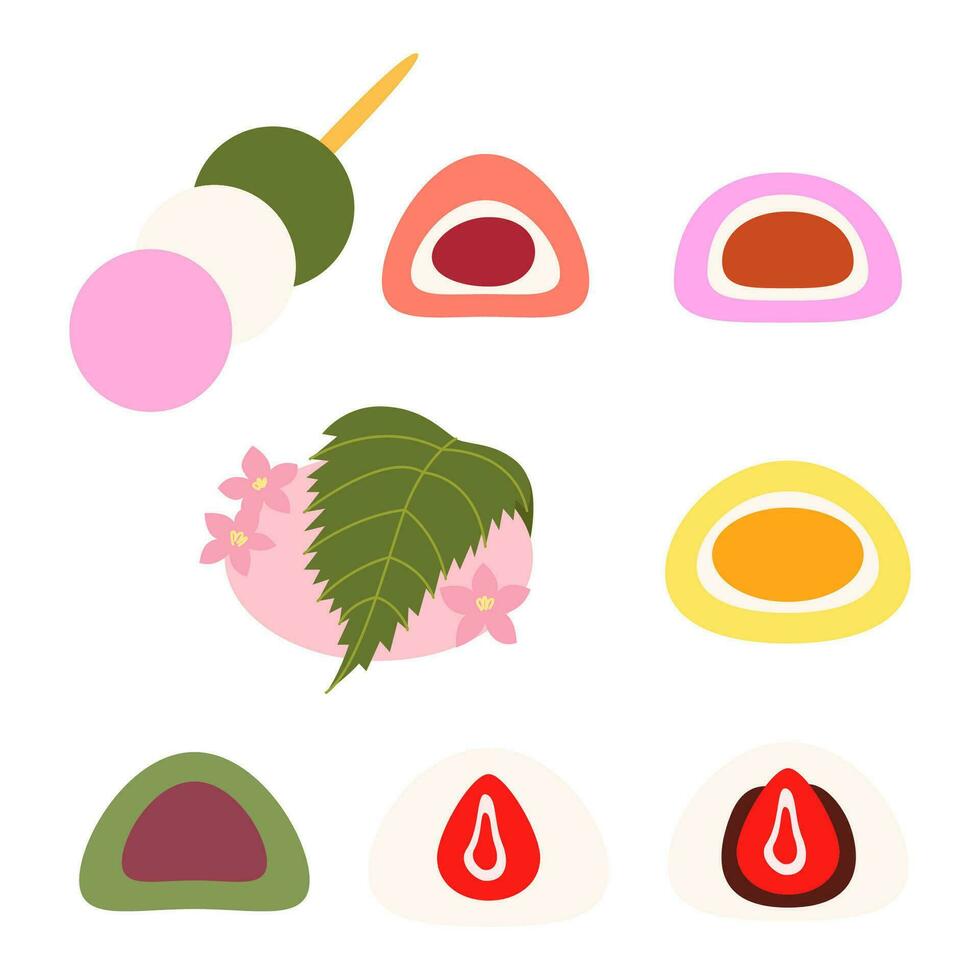 Traditional japanese dessert. Asian sweet food. Dango, mochi, kusa mochi, daifuku and sakuramochi. Vector isolated flat hand drawn illustration on white background.