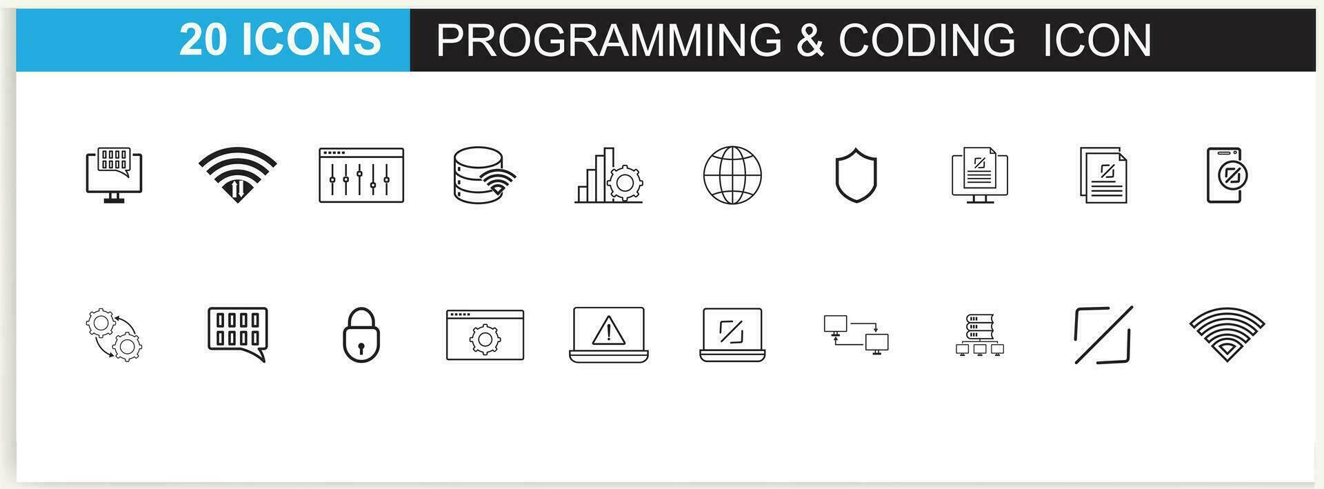 Developer icon set. Included the icons as code, programmer coding, mobile app, API, node connect, flow, logic, and web coder Vector. vector