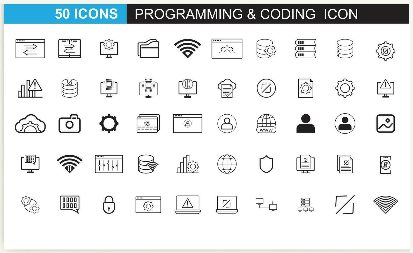 Developer icon set. Included the icons as code, programmer coding, mobile app, API, node connect, flow, logic, and web coder Vector. vector