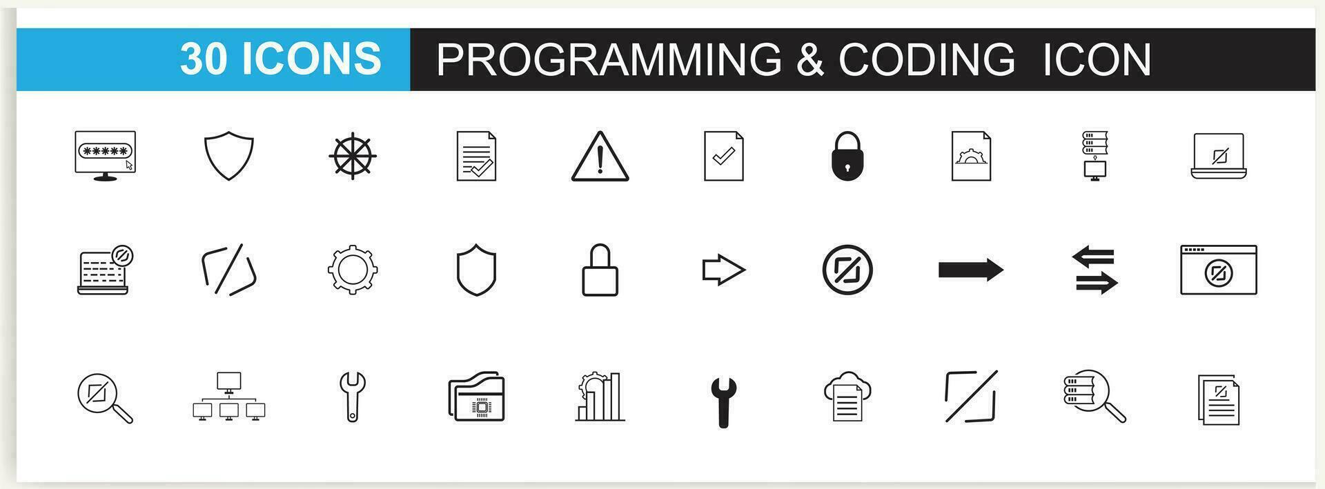 Developer icon set. Included the icons as code, programmer coding, mobile app, API, node connect, flow, logic, and web coder Vector. vector