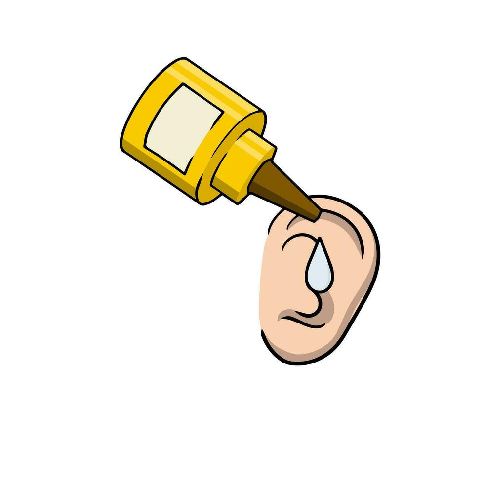 Ear drops. Medicine for hearing. Element of hospital and doctor. Scheme of application of drug. Cartoon Human organ. Bottle of liquid vector