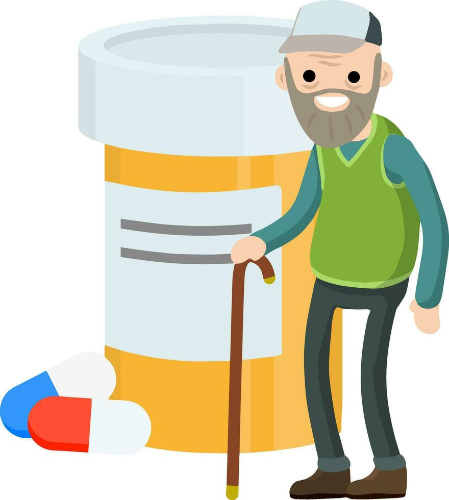 Old man with cane. Medical care. Cartoon flat illustration. Pill and drug is packaged for senior. Treating illness. Grandfather and tablets vector