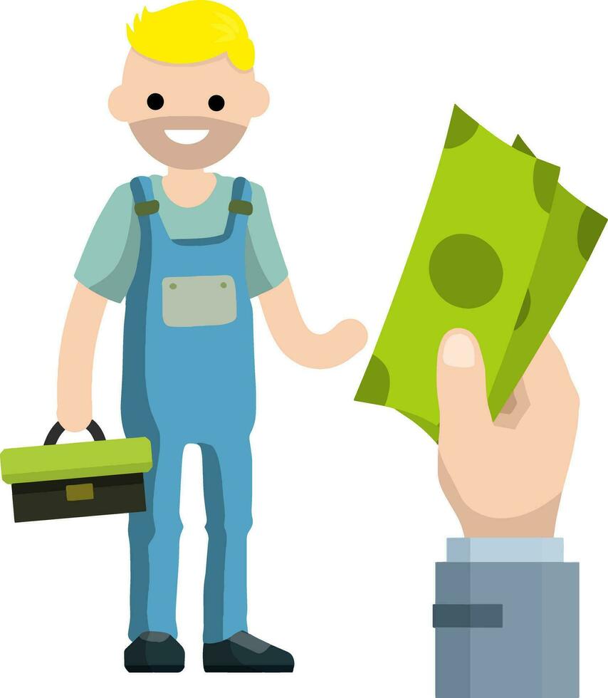 Cartoon illustration - technician man in uniform. young boy worker. Big hand with money. Male mechanic with wrench and tool box. repair specialist guy with equipment vector