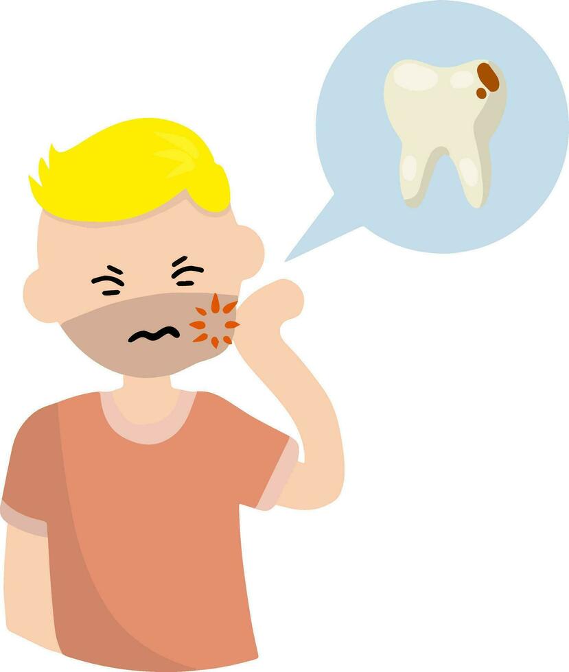 Man with caries. Bubble with Tooth decay icon. Pain in cheek. The dentist's work. Health care. Cartoon flat illustration. Sad young Guy hold hand over head. Medical care vector