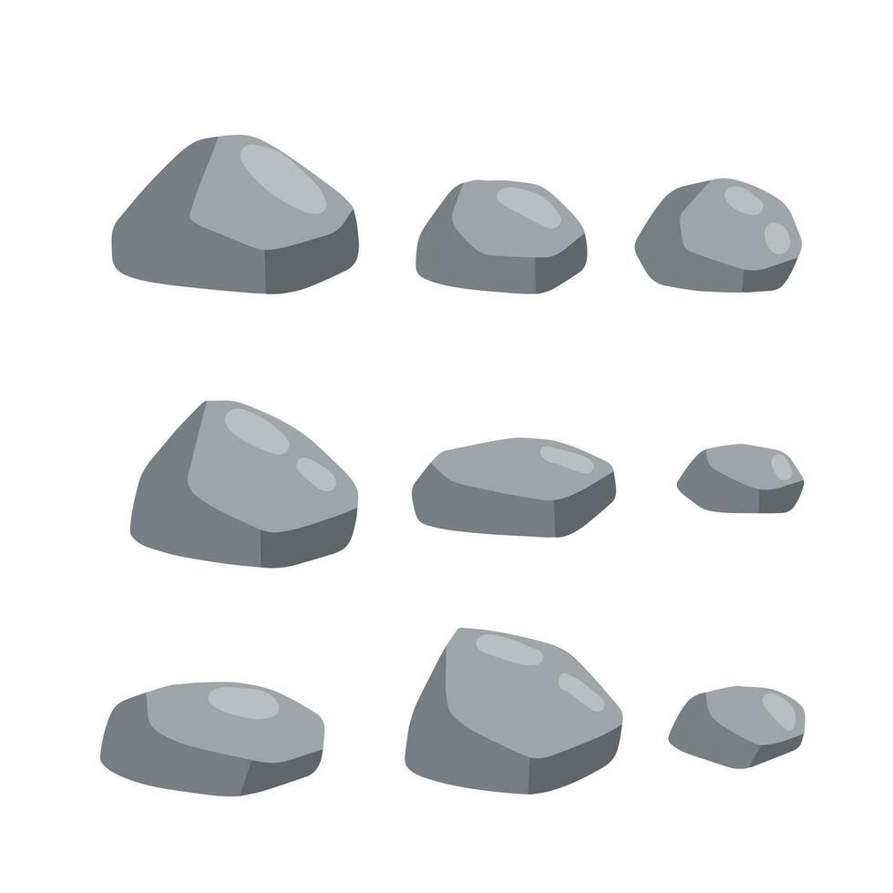 Set of stones. Gray cobblestone. Element of nature and mountains. Items for decoration and background. Flat cartoon vector