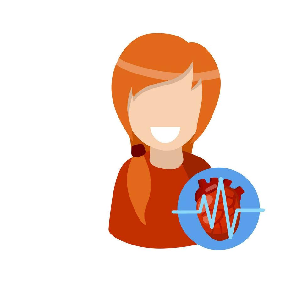 proteger con corazón. salud de cardio sistema. contento paciente personaje. sonriente mujer. médico icono. plano dibujos animados ilustración aislado en blanco antecedentes vector