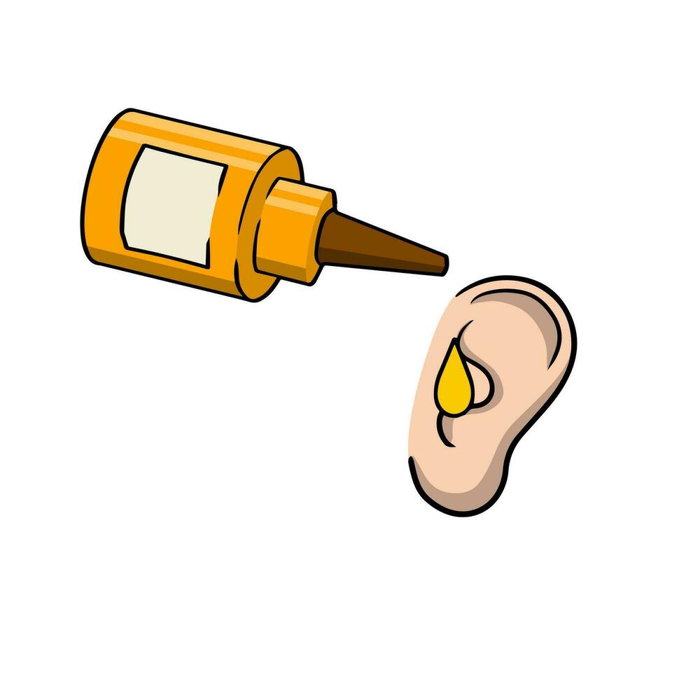 Ear drops. Scheme of application of drug. Bottle of liquid. Cartoon Human organ. Medicine for hearing. Element of hospital and doctor vector