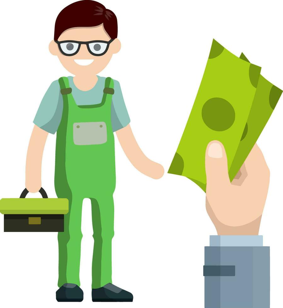 Cartoon illustration - technician man in uniform. young worker. Male mechanic tool box. repair specialist guy with equipment. Big hand with money vector