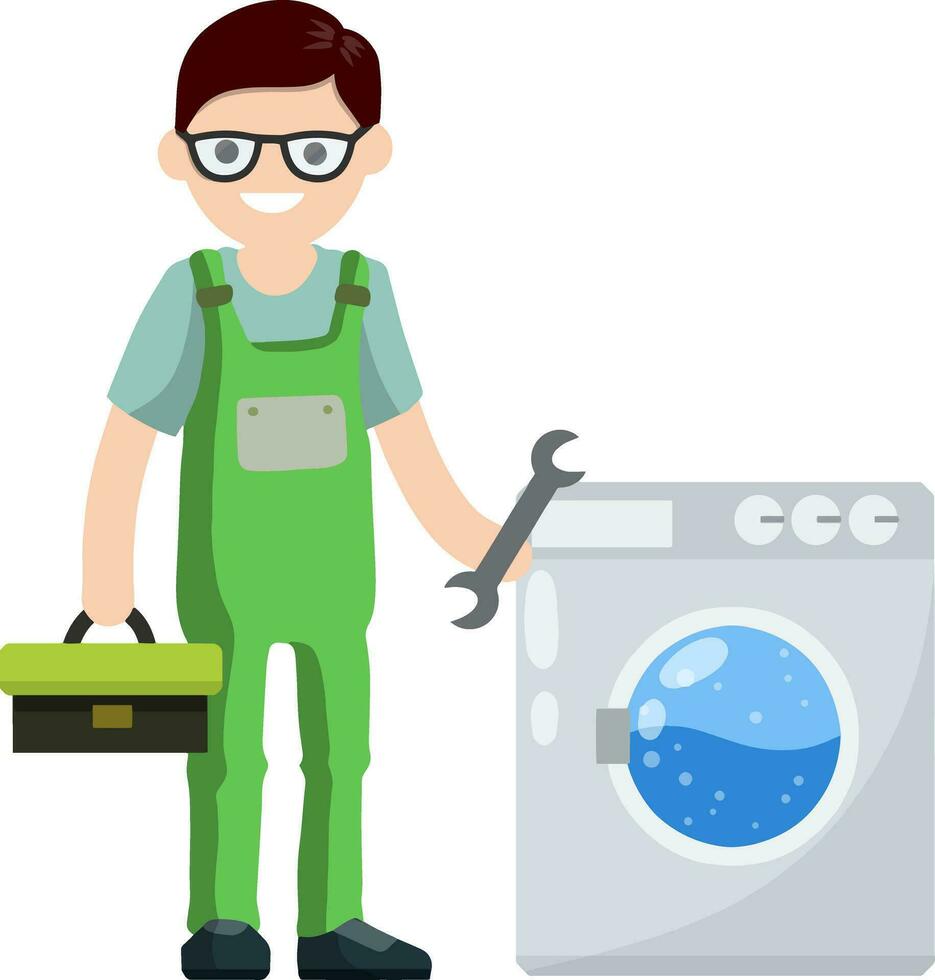 Plumber repairs washing machine. Breakdown of household appliances. Worker with a wrench, tool. Service and fix. Toolbox in hand. Problem with Laundry. vector