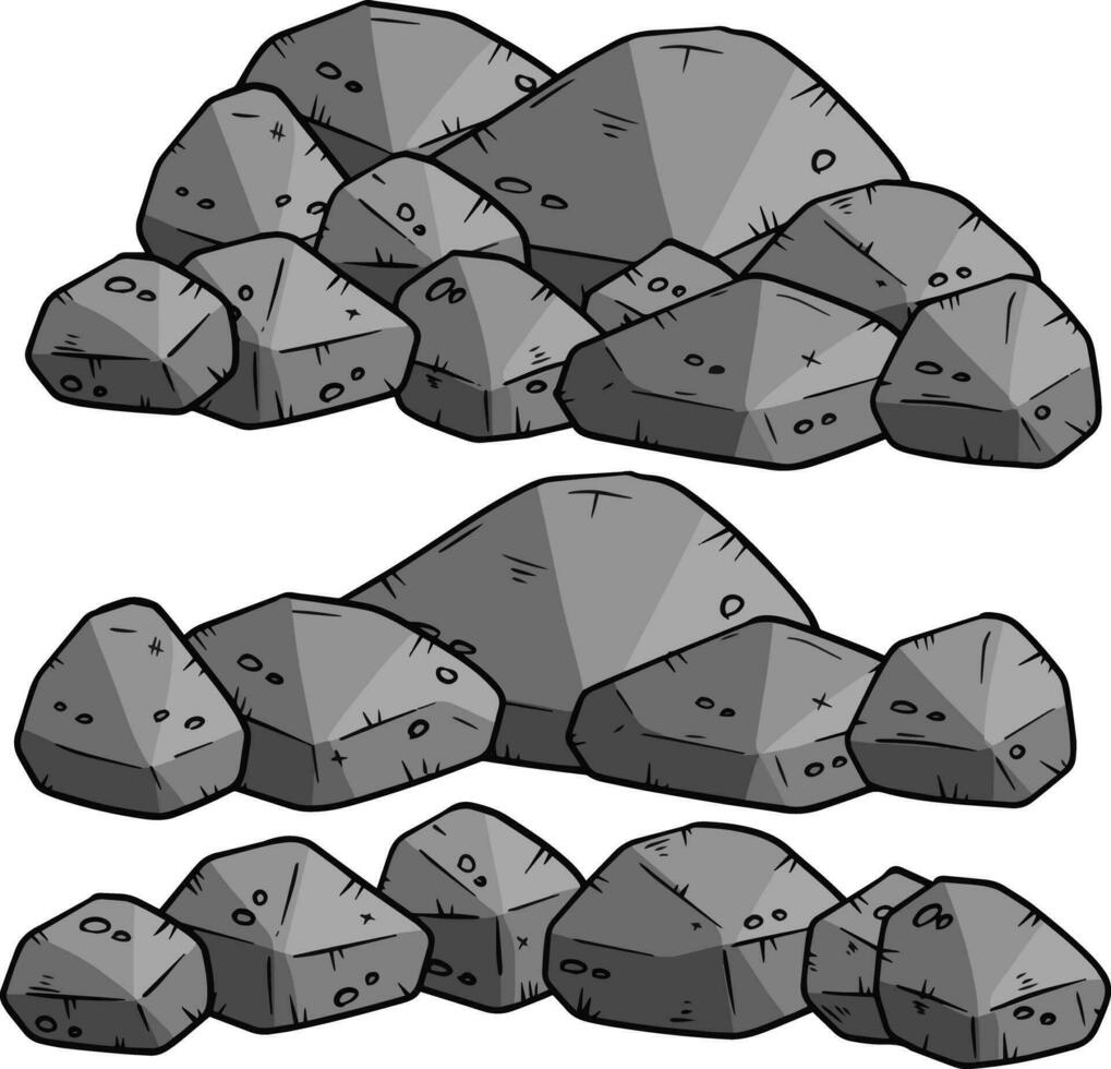 Set of gray cartoon granite stones of different shapes. Element of nature, mountains, rocks, caves on white background. Minerals, boulder and cobble vector