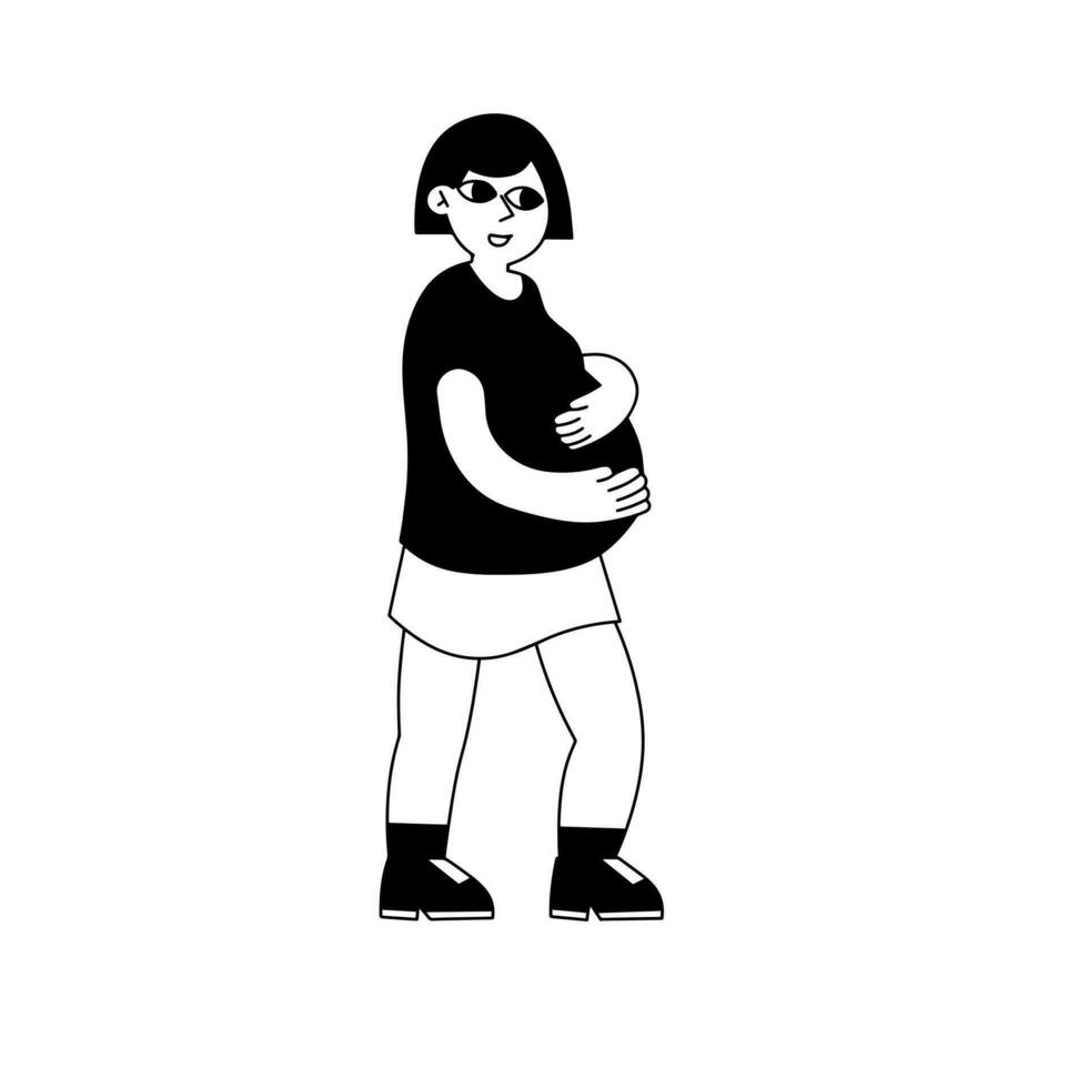 Pregnant woman hold her stomach. Modern character run with big belly. Pregnancy and motherhood. Flat cartoon illustration vector
