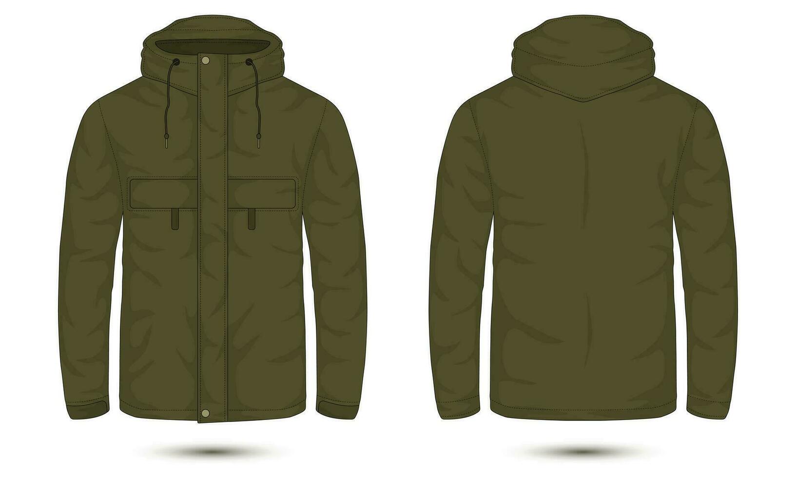 Army green hooded casual jacket front and back view vector