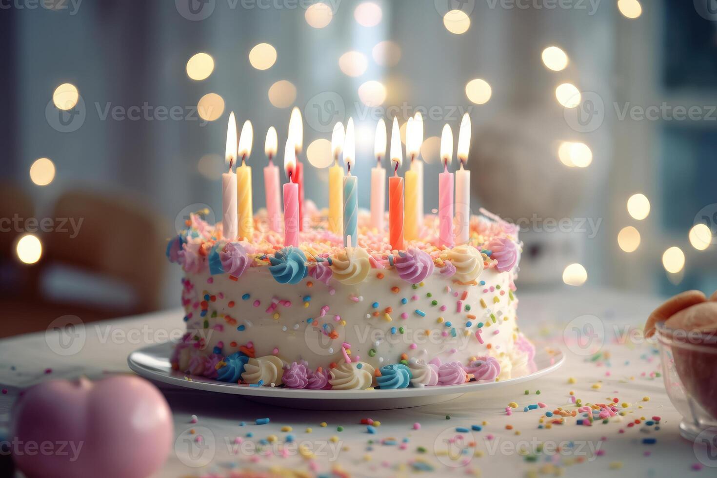 Festive multi colored cake with candles. technology. photo