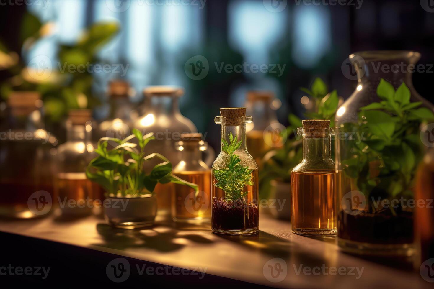 Plants in flasks. Experiments. Laboratory. technology. photo