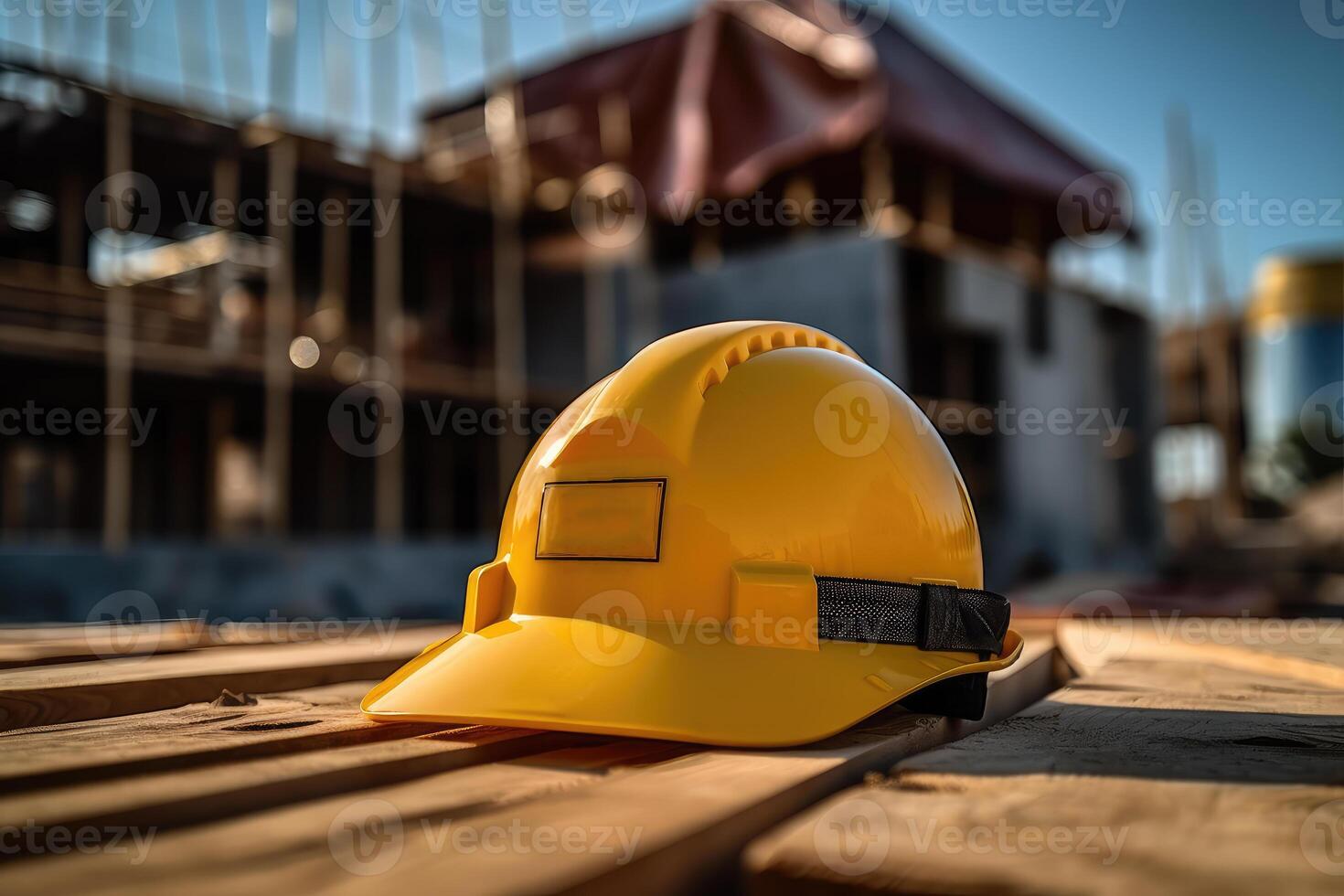 Yellow construction helmet on the background of a house under construction. technology. photo