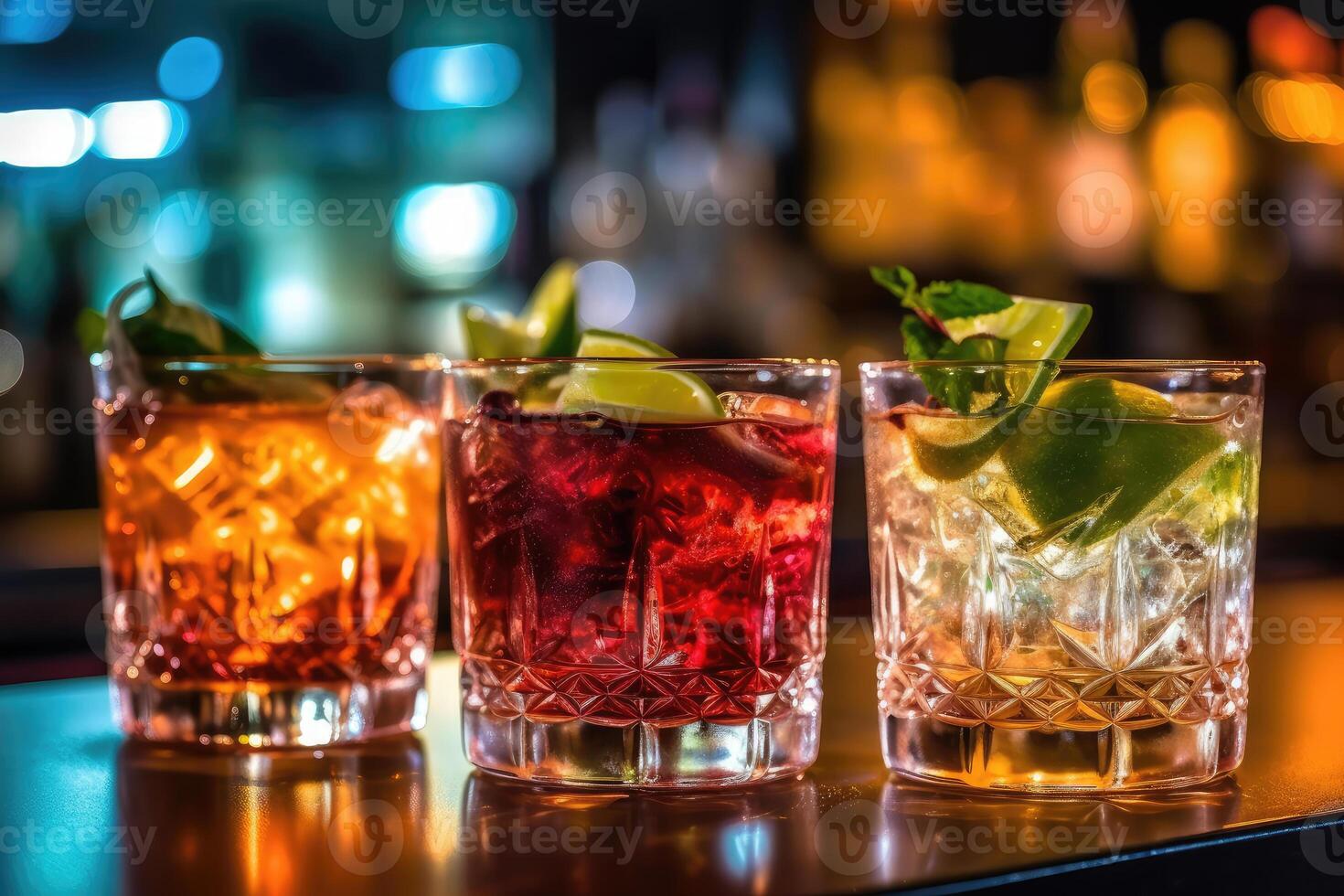 Colorful cocktails on the bar counter. technology. photo