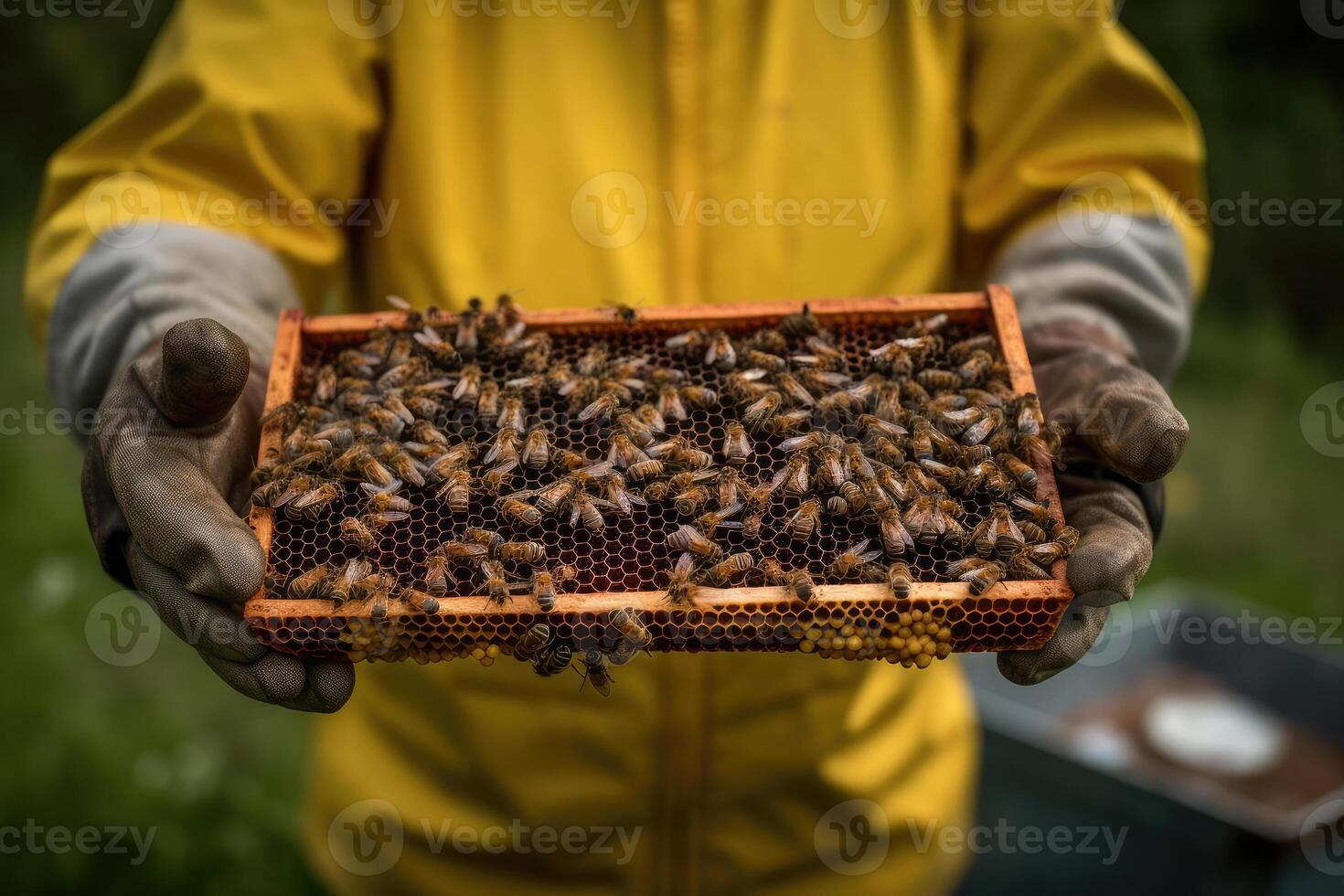 The beekeeper holds a frame with honeycombs and bees. technology. photo