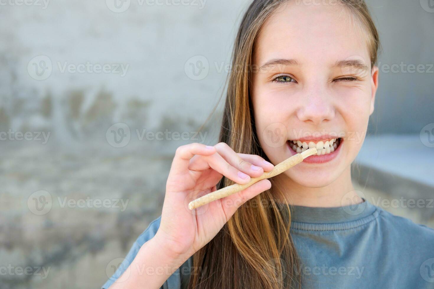 A girl brushes her teeth siwak stick. Miswak sticks. 25555371 Stock