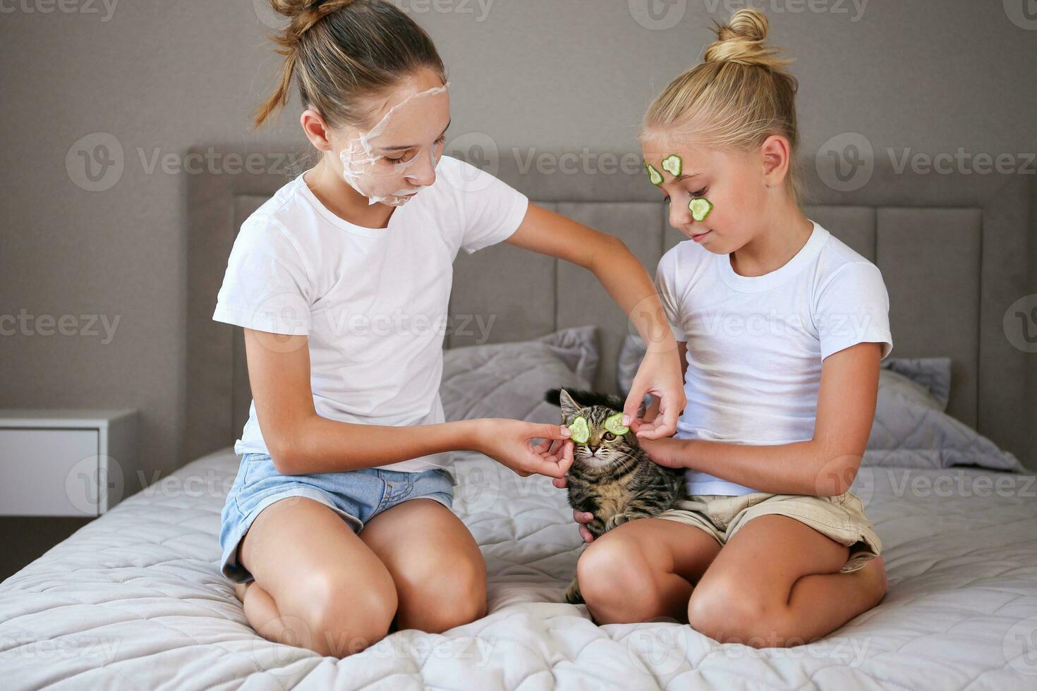 Beautiful girls and a kitten with cucumber face masks. photo