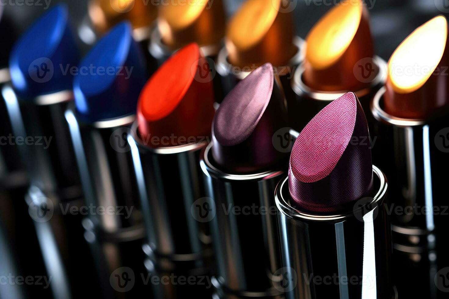 Multi-colored lipsticks. Generative AI technology. photo