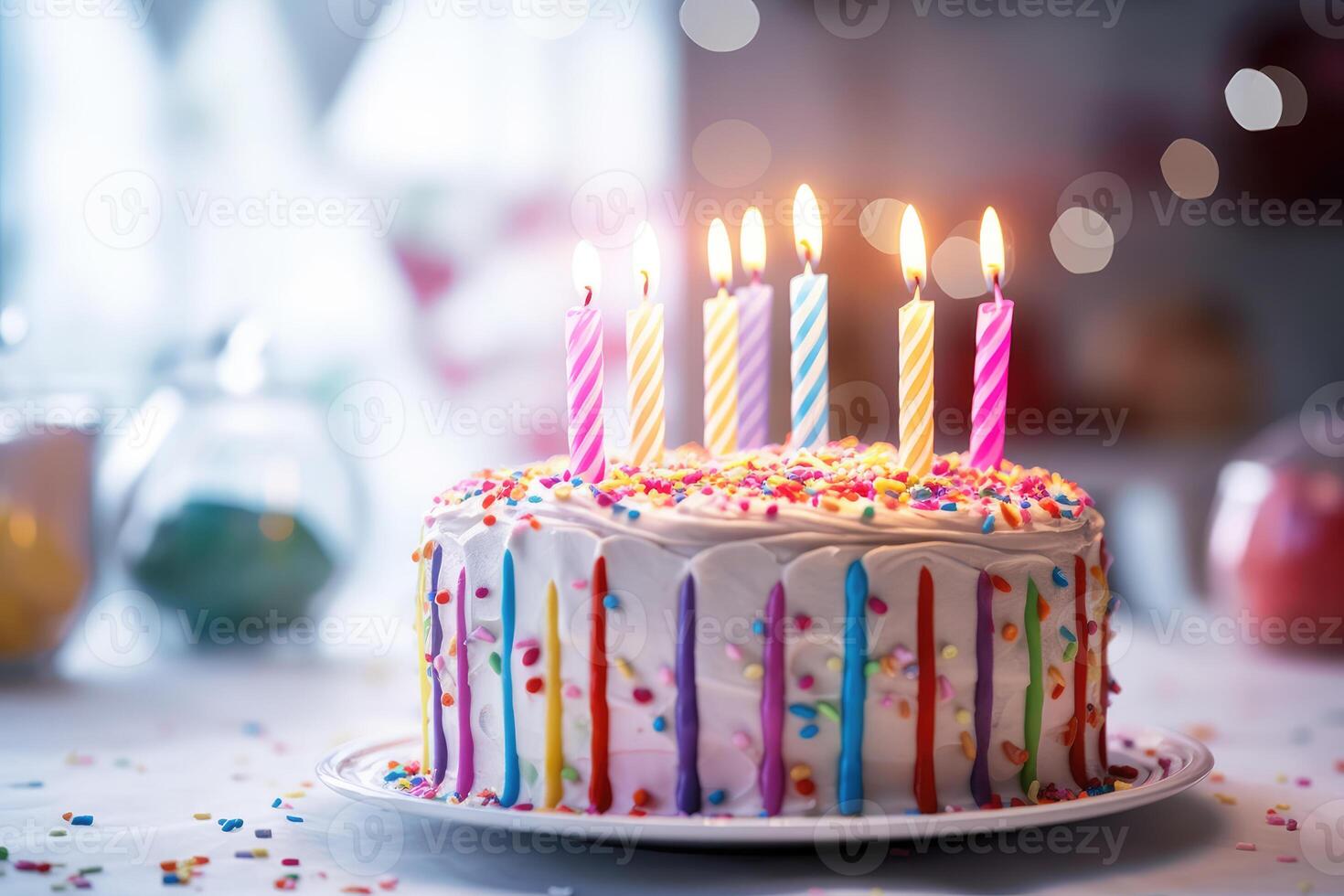 Festive multi colored cake with candles. technology. photo