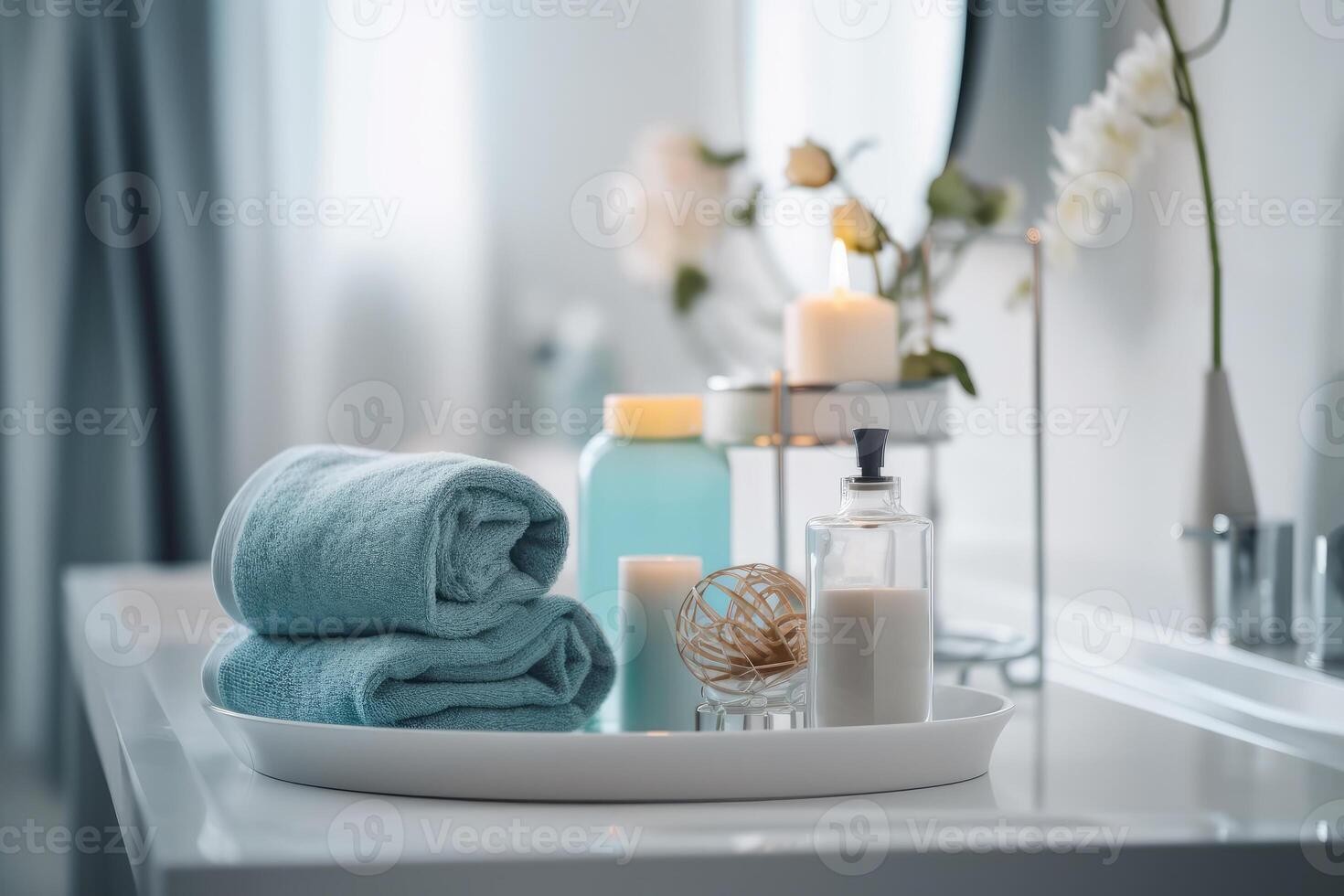 Towel, candles in a bright bathroom. technology. photo