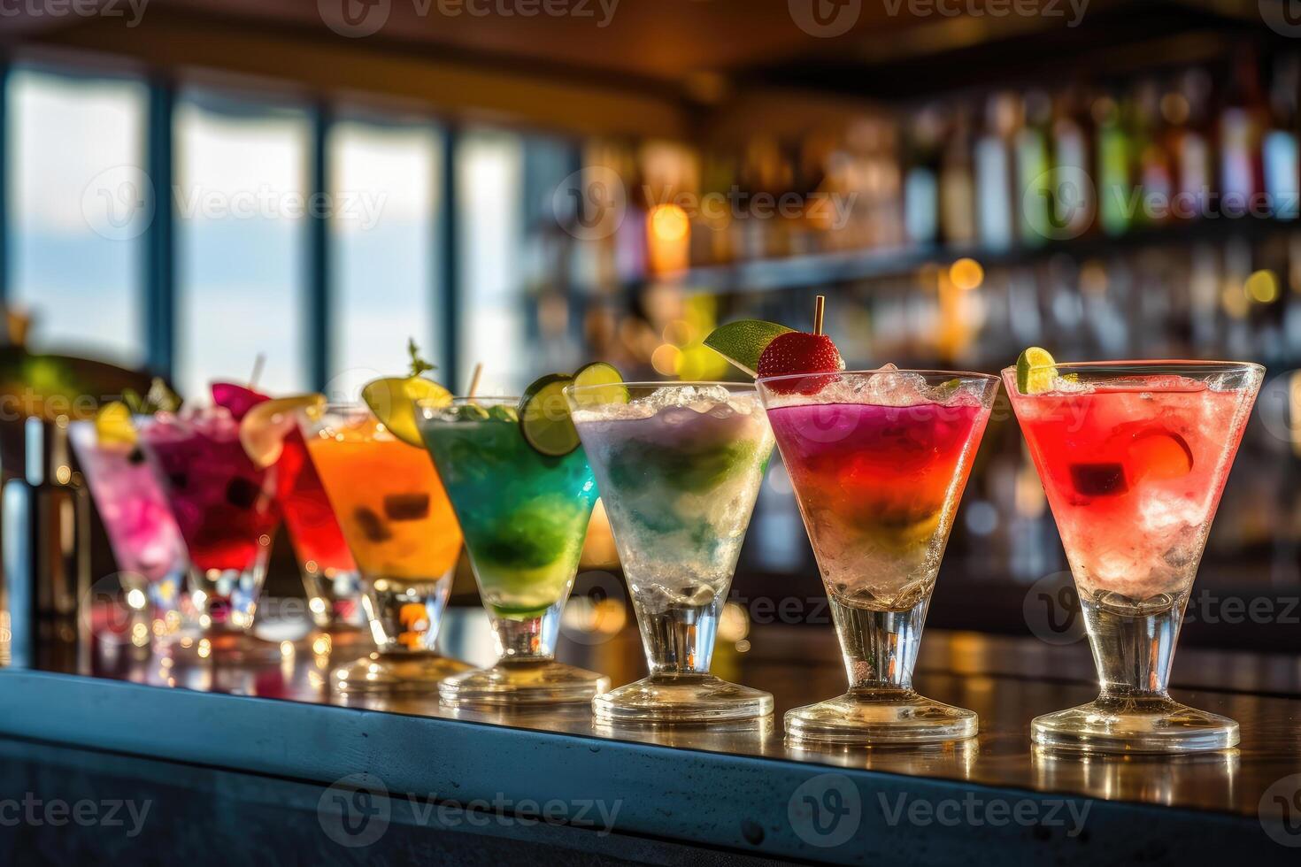 Colorful cocktails on the bar counter. technology. photo