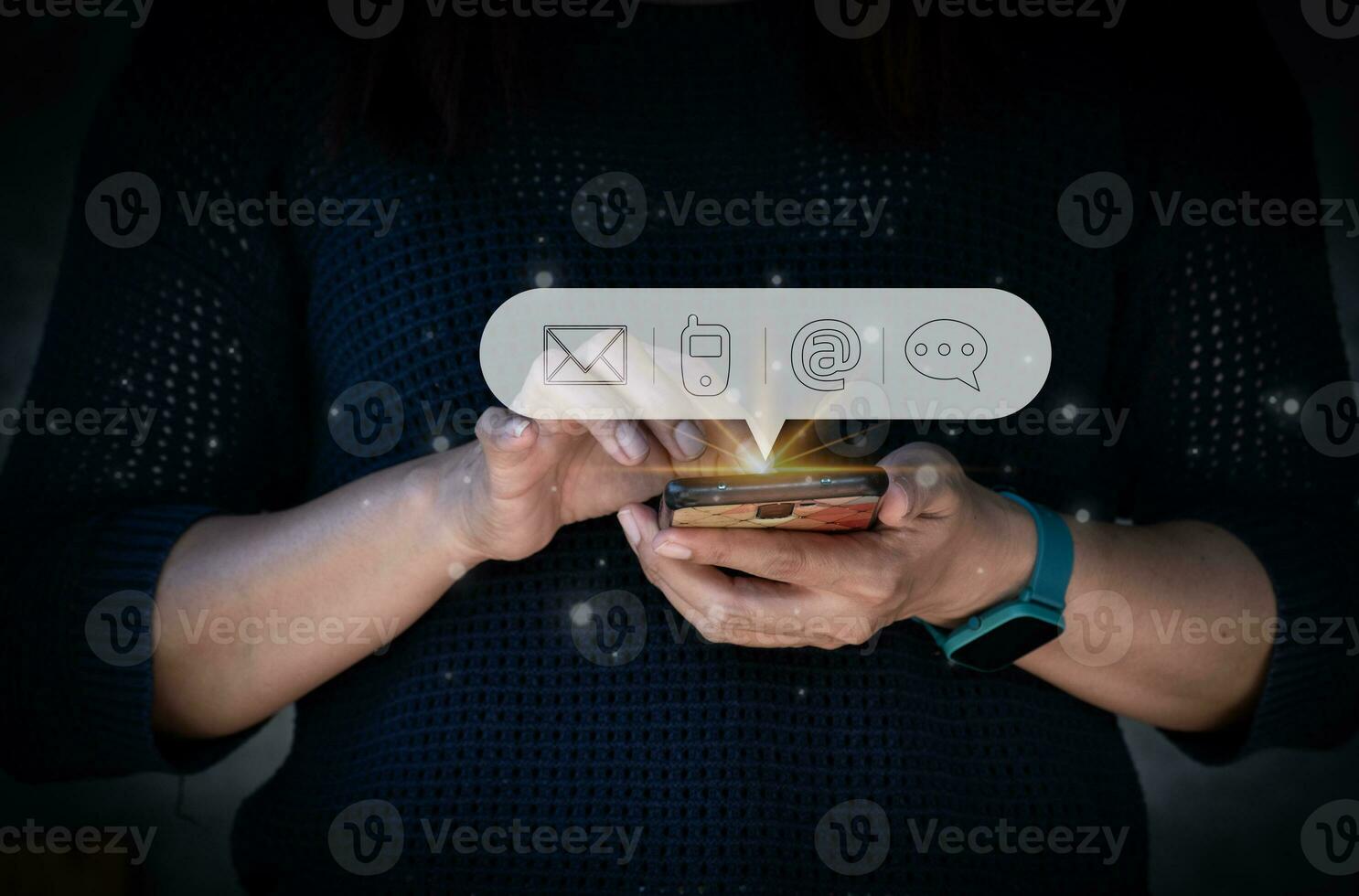 Contact us or Customer support hotline people connect. Businessman using a laptop and touching on virtual screen contact icons email, address, live chat, internet wifi . photo