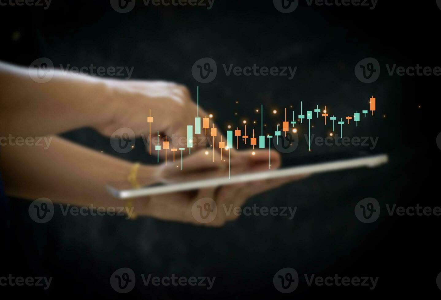 Hand of Businesswoman or trader is showing a growing virtual hologram stock on smartphone, planning and strategy, Stock market, Business growth, progress or success concept. invest in trading. photo