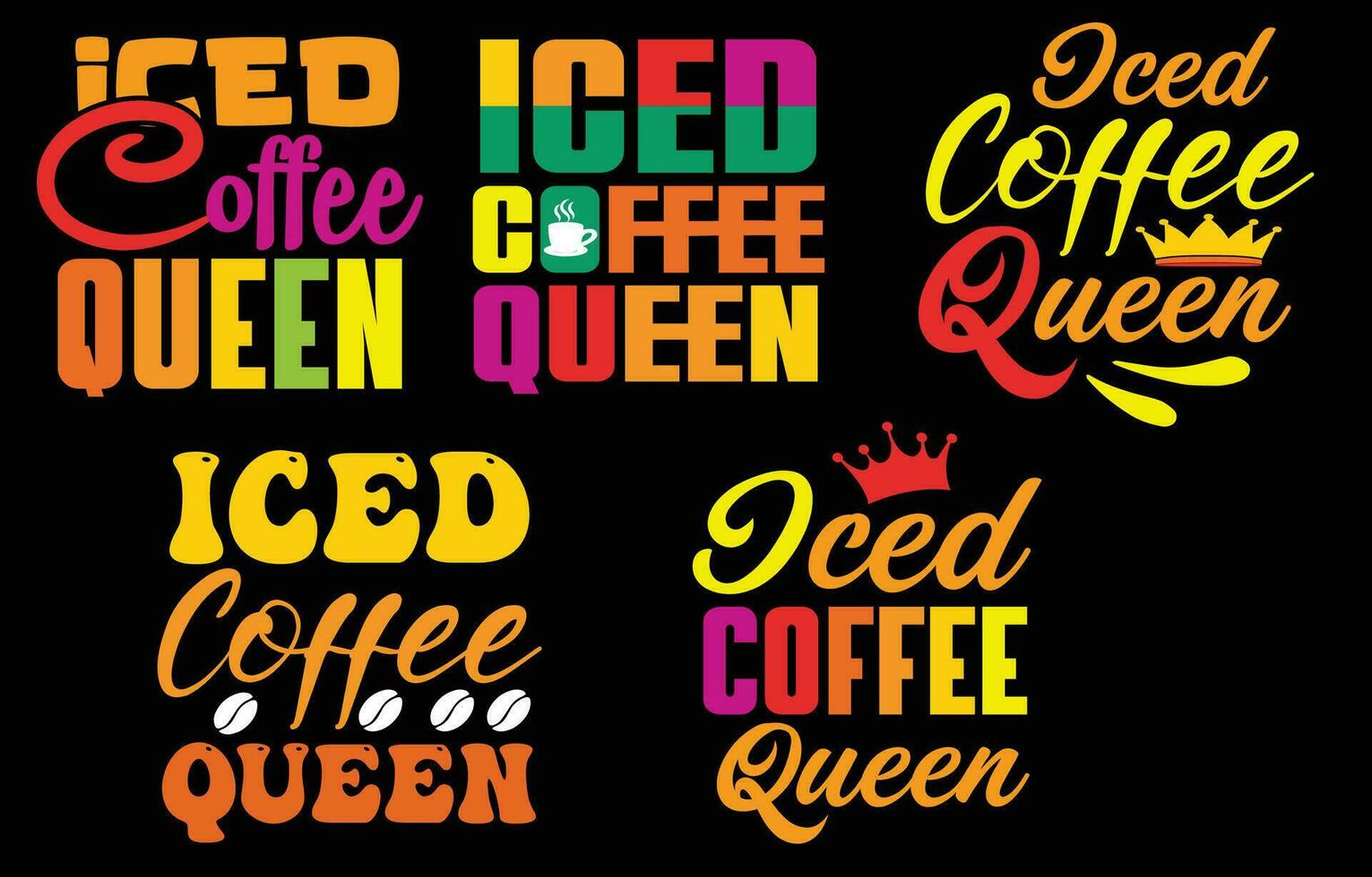 Iced Coffee Queen design  bundle for t-shirt, cards, frame artwork, phone cases, bags, mugs, stickers, tumblers, print etc. vector