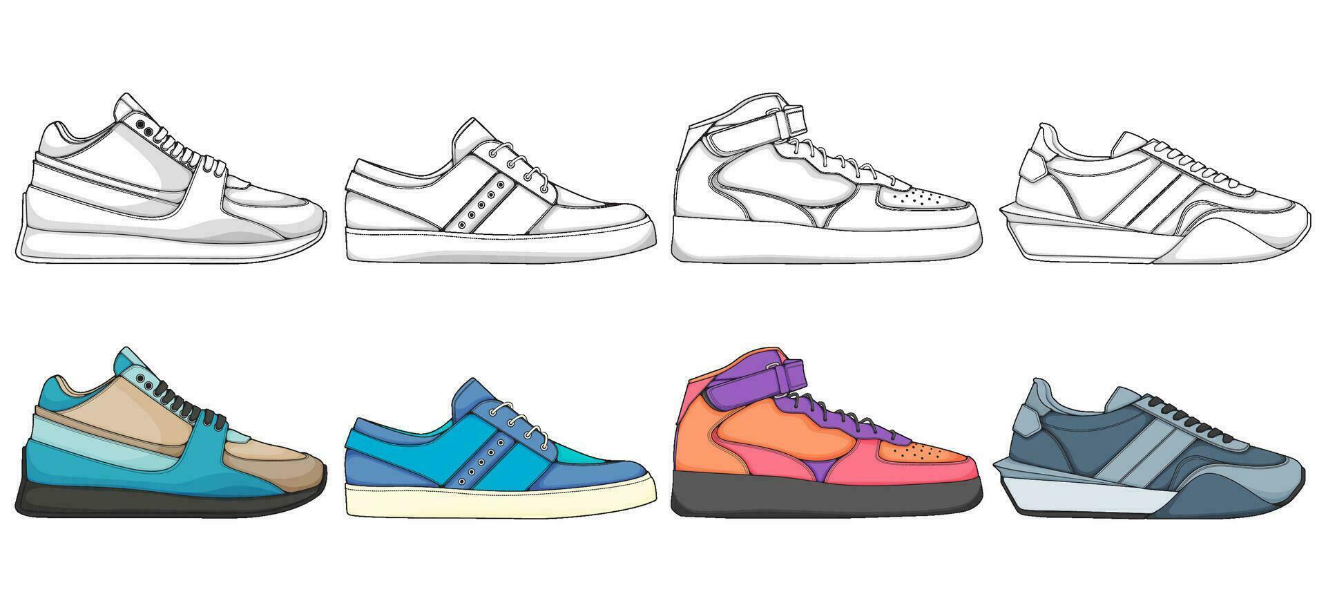 Set of shoes sneaker drawing vector, Sneakers drawn in a sketch style, bundling sneakers trainers template, vector Illustration.