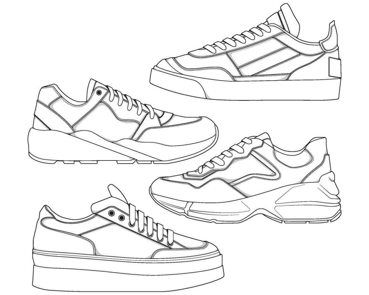 conjunto de Zapatos zapatilla de deporte contorno dibujo vector, zapatillas dibujado en un bosquejo estilo, empaquetar zapatillas entrenadores modelo describir, vector ilustración.