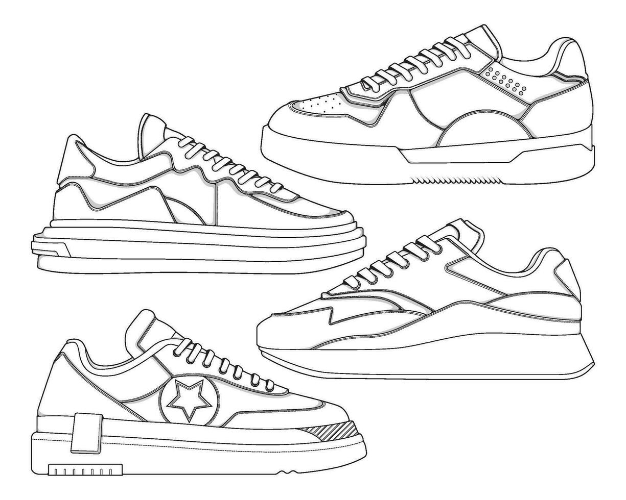 conjunto de Zapatos zapatilla de deporte contorno dibujo vector, zapatillas dibujado en un bosquejo estilo, empaquetar zapatillas entrenadores modelo describir, vector ilustración.