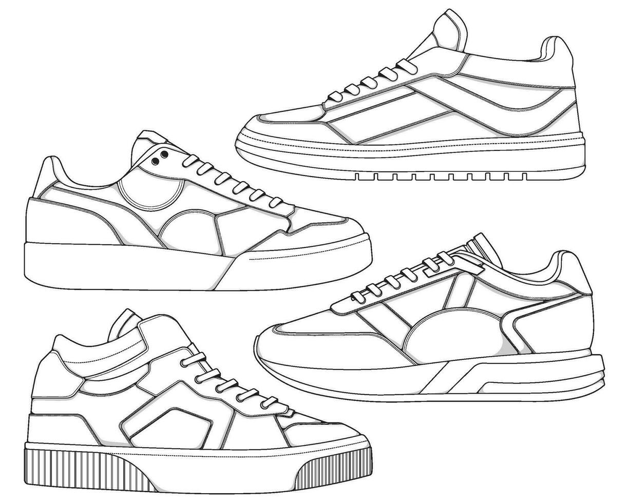 conjunto de Zapatos zapatilla de deporte contorno dibujo vector, zapatillas dibujado en un bosquejo estilo, empaquetar zapatillas entrenadores modelo describir, vector ilustración.